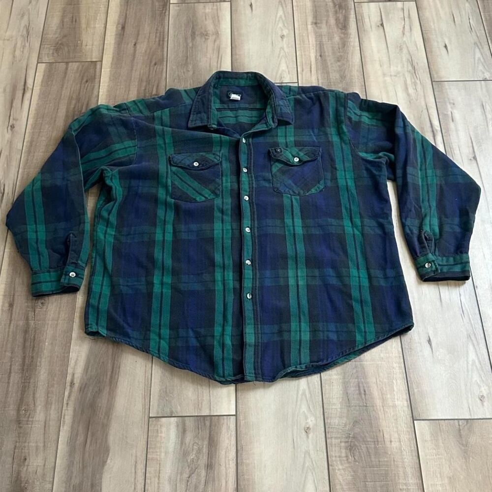 Vintage 90s Codet Heavy Flannel Shirt Green Navy Plaid 3XL Tall